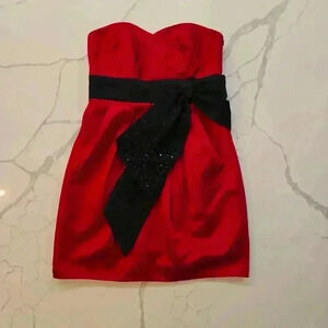 Phoebe Couture Strapless Satin Bow Party Cocktail Dress Red Black Womens Size 8